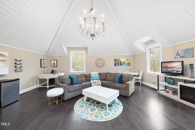 6212 Trevor Ct, Raleigh, NC 27613 - living area featuring lofted ceiling, baseboards, a chandelier, dark wood finished floors, and wooden ceiling
