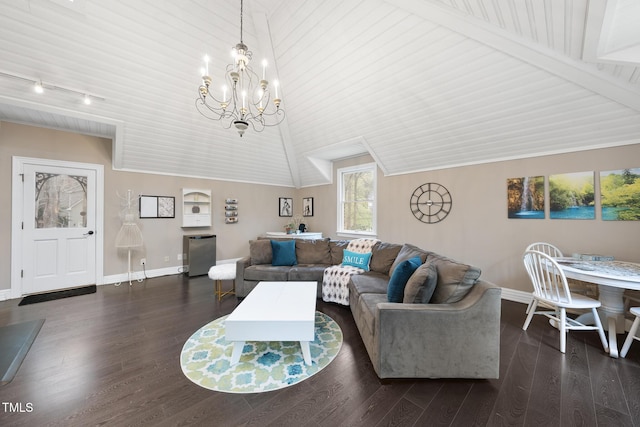 6212 Trevor Ct, Raleigh, NC 27613 - living area with dark wood-type flooring, a notable chandelier, baseboards, and vaulted ceiling