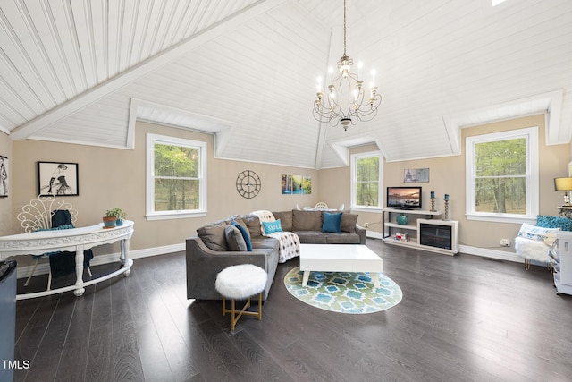 6212 Trevor Ct, Raleigh, NC 27613 - living area with lofted ceiling, baseboards, an inviting chandelier, and dark wood-type flooring