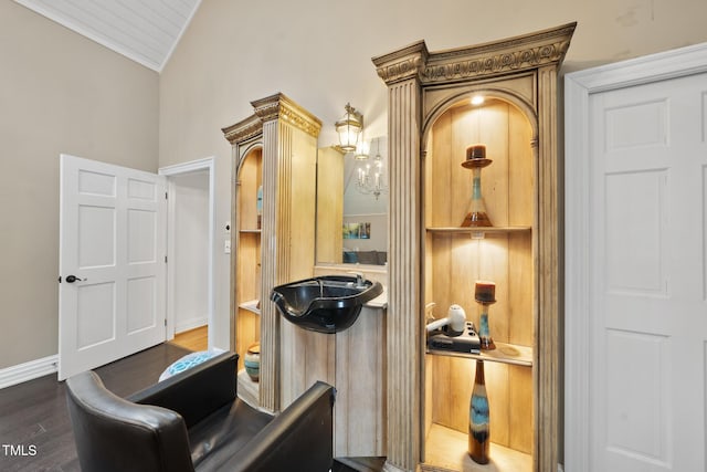 6212 Trevor Ct, Raleigh, NC 27613 - interior space featuring lofted ceiling, baseboards, dark wood-type flooring, and ornamental molding