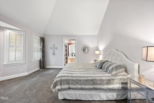 6212 Trevor Ct, Raleigh, NC 27613 - bedroom featuring baseboards, high vaulted ceiling, and dark colored carpet