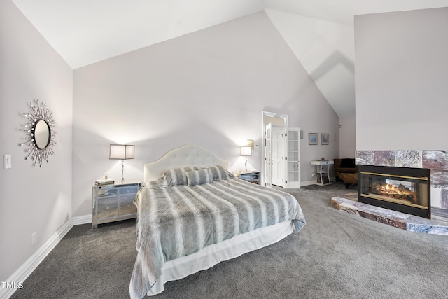 6212 Trevor Ct, Raleigh, NC 27613 - carpeted bedroom featuring high vaulted ceiling, baseboards, and a multi sided fireplace