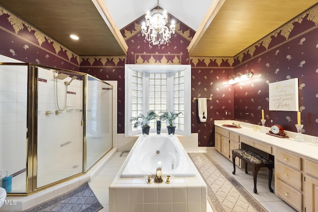 6212 Trevor Ct, Raleigh, NC 27613 - bathroom featuring wallpapered walls, a shower stall, a whirlpool tub, vanity, and a chandelier