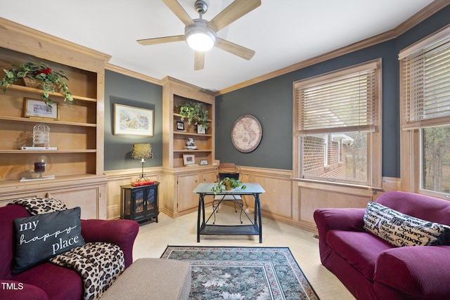 6212 Trevor Ct, Raleigh, NC 27613 - office space featuring built in features, carpet flooring, a ceiling fan, a wainscoted wall, and crown molding