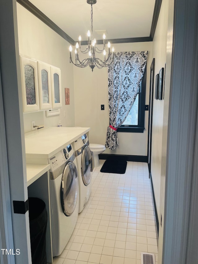 6212 Trevor Ct, Raleigh, NC 27613 - laundry area with an inviting chandelier, ornamental molding, visible vents, and light tile patterned floors