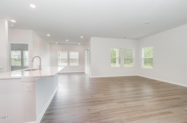 680 Winesap Dr, Graham, NC 27253 - unfurnished living room featuring a sink, baseboards, light wood-style flooring, and recessed lighting