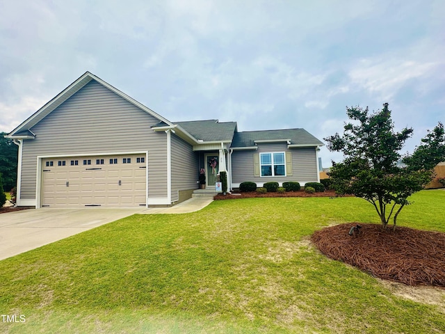 ranch-style house with a front lawn, driveway, and a garage