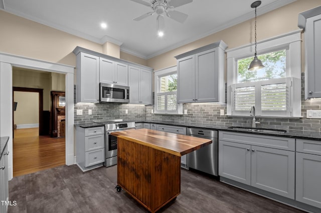 109 N Hassel St, Hillsborough, NC 27278 - kitchen featuring wood counters, appliances with stainless steel finishes, crown molding, ceiling fan, and tasteful backsplash