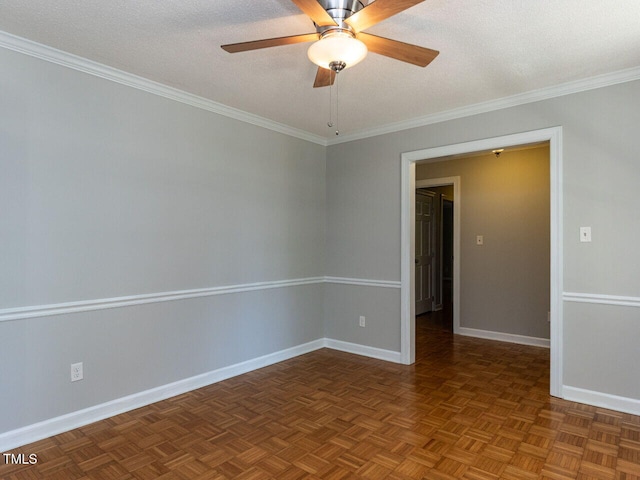 unfurnished room featuring crown molding, baseboards, ceiling fan, and a textured ceiling
