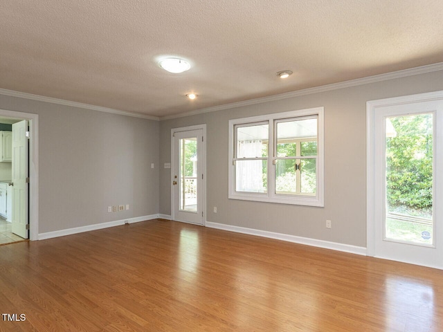 spare room featuring light wood-style floors, ornamental molding, a textured ceiling, and a healthy amount of sunlight