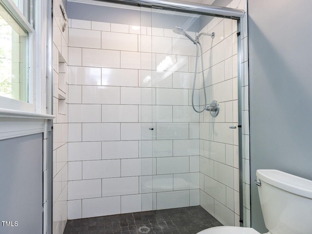 full bathroom with vanity, a tile shower, and toilet