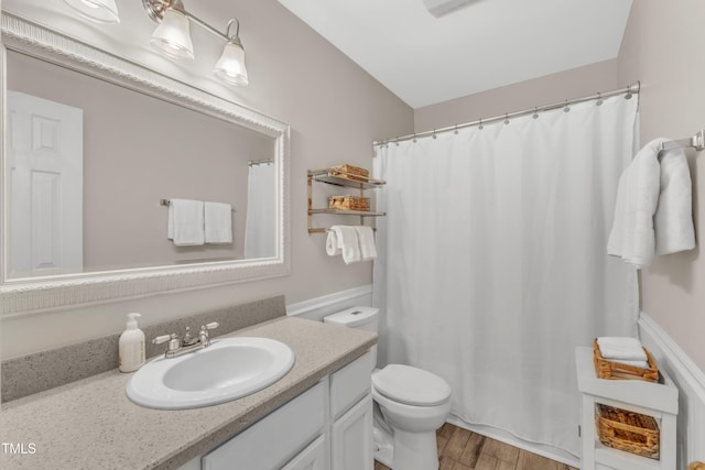 1311 Theodore Ln, Durham, NC 27703 - bathroom featuring vanity, toilet, wood finished floors, and curtained shower