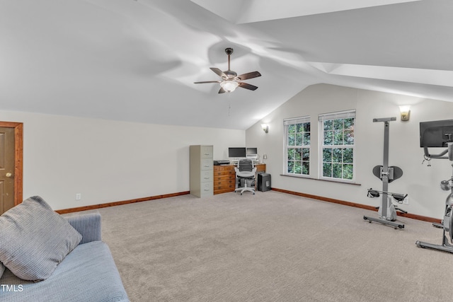 1311 Theodore Ln, Durham, NC 27703 - exercise room featuring vaulted ceiling, a ceiling fan, carpet floors, and baseboards