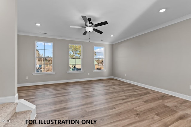 spare room with ornamental molding, a ceiling fan, and recessed lighting