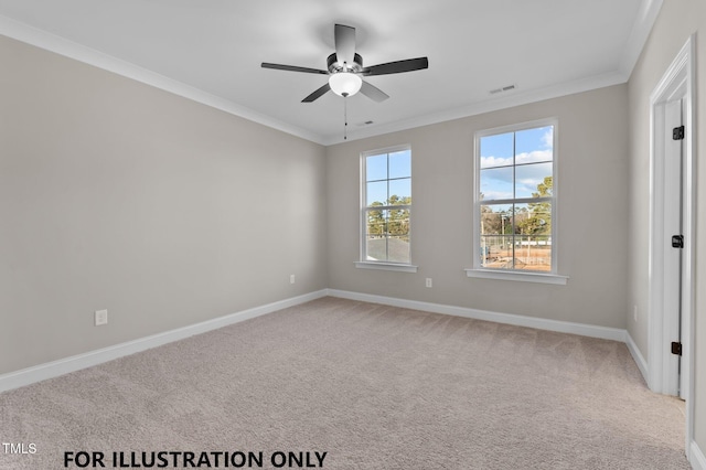 carpeted spare room featuring ornamental molding, baseboards, a ceiling fan, and visible vents
