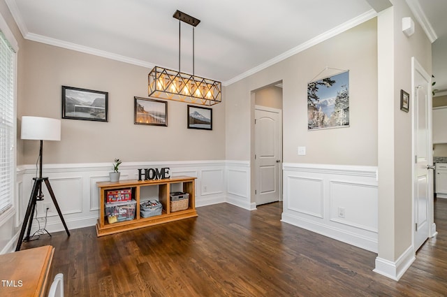 45 Leighann Ct S, Timberlake, NC 27583 - dining space with ornamental molding, dark wood-style floors, and wainscoting