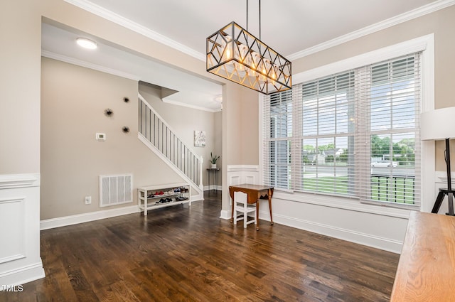 45 Leighann Ct S, Timberlake, NC 27583 - dining space with a chandelier, wood finished floors, crown molding, stairs, and baseboards