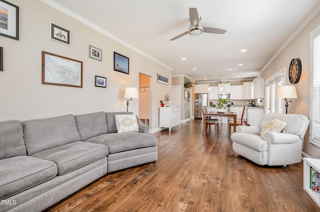 45 Leighann Ct S, Timberlake, NC 27583 - living room with ornamental molding, a ceiling fan, dark wood-type flooring, recessed lighting, and baseboards