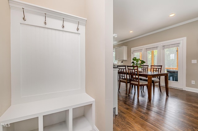 45 Leighann Ct S, Timberlake, NC 27583 - mudroom with ornamental molding, dark wood-type flooring, baseboards, and recessed lighting