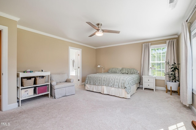 45 Leighann Ct S, Timberlake, NC 27583 - bedroom with crown molding, carpet, baseboards, a ceiling fan, and ensuite bathroom