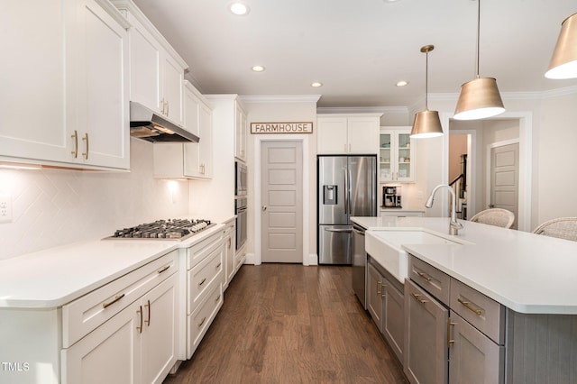 kitchen with ornamental molding, under cabinet range hood, a sink, appliances with stainless steel finishes, and backsplash