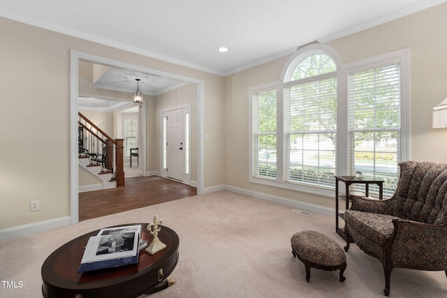 living area featuring ornamental molding, stairway, and carpet