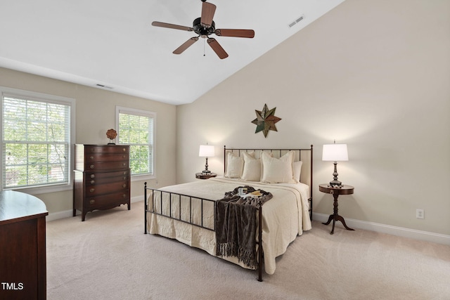 bedroom with light carpet, baseboards, a ceiling fan, and visible vents