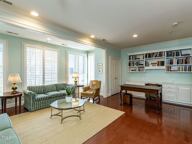2813 Market Bridge Ln Unit 204, Raleigh, NC 27608 - living room featuring crown molding, dark wood-style floors, baseboards, and recessed lighting