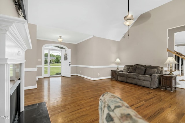 1454 Spring Pond Rd, Nashville, NC 27856 - living area with ornamental molding, a ceiling fan, wood finished floors, a high end fireplace, and baseboards