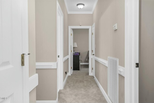 1454 Spring Pond Rd, Nashville, NC 27856 - corridor with baseboards, visible vents, light colored carpet, and crown molding