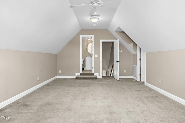 1454 Spring Pond Rd, Nashville, NC 27856 - bonus room with a ceiling fan, visible vents, carpet flooring, lofted ceiling, and baseboards