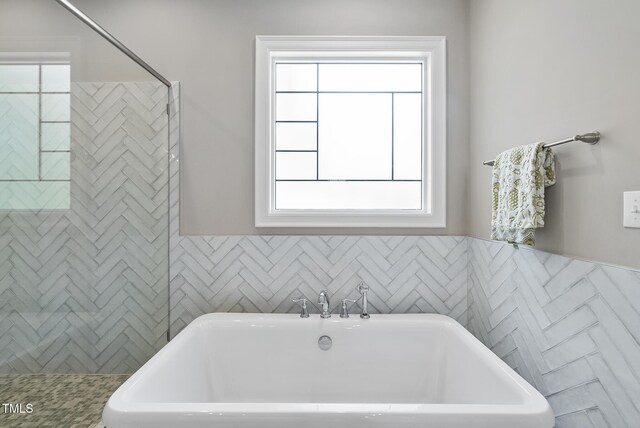 bathroom with plenty of natural light, a freestanding tub, a sink, and a tile shower