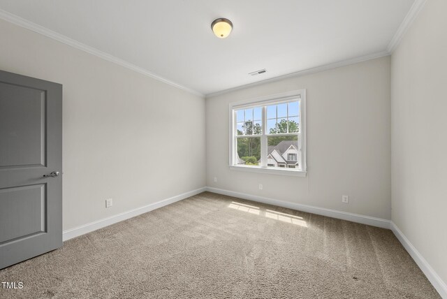 empty room featuring crown molding, carpet, and baseboards