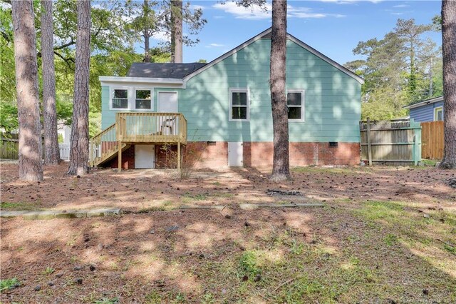 213 Judd St, Fayetteville, NC 28305 - rear view of house featuring crawl space, a deck, fence, and stairs
