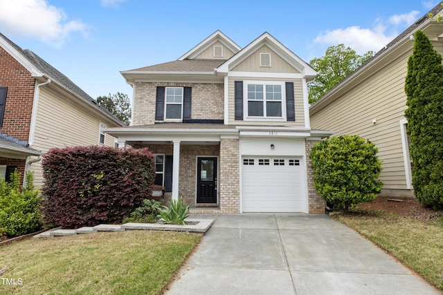 view of front of home with an attached garage, board and batten siding, driveway, a porch, and brick siding