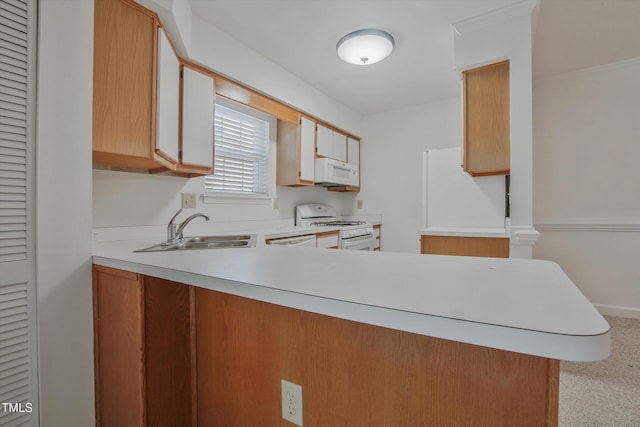 kitchen featuring white appliances, a sink, light countertops, a peninsula, and light colored carpet