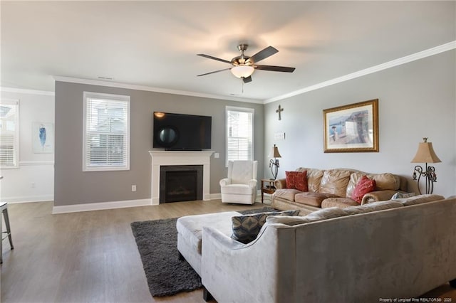 living room with wood finished floors, ceiling fan, crown molding, a fireplace, and baseboards