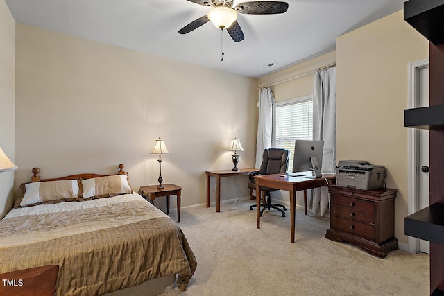 bedroom with baseboards, visible vents, a ceiling fan, and carpet flooring