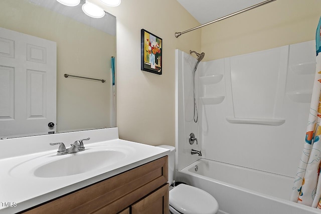 full bathroom with toilet, shower / bath combination with curtain, and vanity