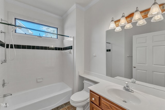 bathroom featuring toilet, crown molding, vanity, and washtub / shower combination