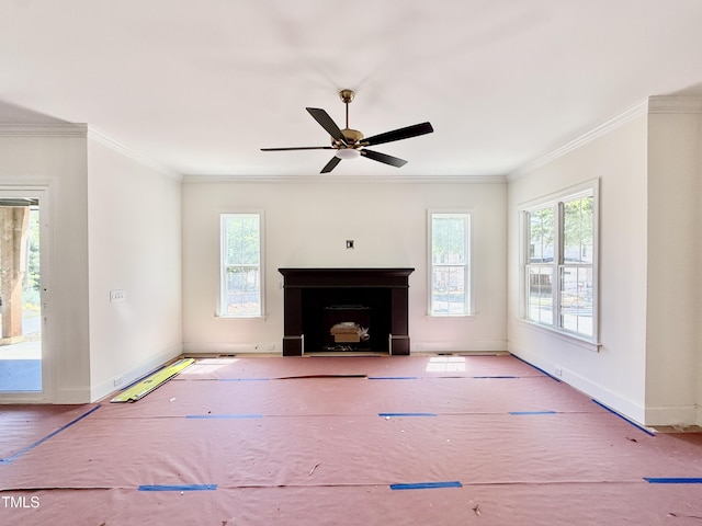 3817 Coach Lantern Ave, Wake Forest, NC 27587 - unfurnished living room featuring ornamental molding, a fireplace, and ceiling fan