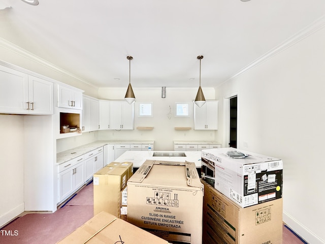 3817 Coach Lantern Ave, Wake Forest, NC 27587 - kitchen with ornamental molding, white cabinets, decorative light fixtures, and light countertops