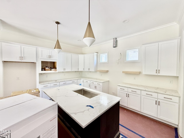 3817 Coach Lantern Ave, Wake Forest, NC 27587 - kitchen with ornamental molding, open shelves, a center island, and white cabinetry