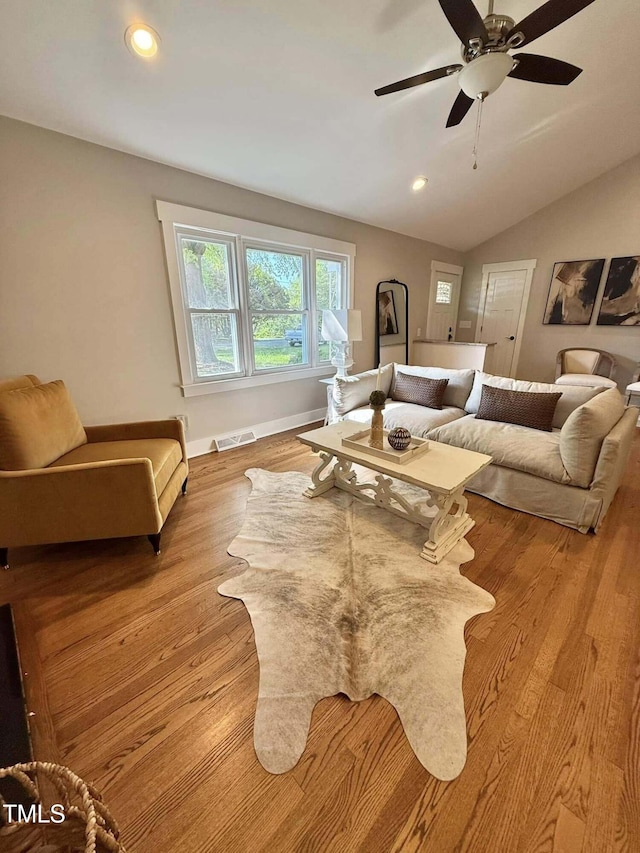 living room with ceiling fan, wood finished floors, visible vents, and recessed lighting