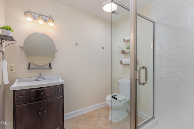 bathroom featuring toilet, a stall shower, vanity, and tile patterned flooring