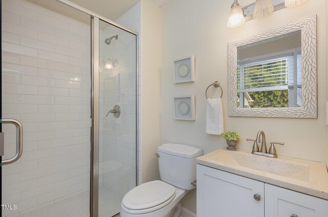 bathroom with a shower stall, vanity, and toilet
