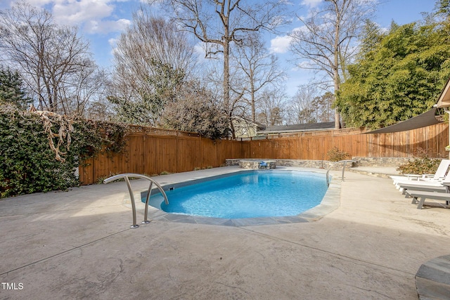 view of pool with a fenced backyard, a fenced in pool, and a patio