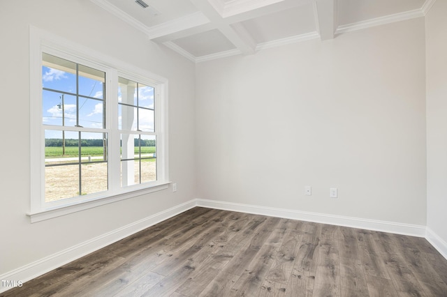 1000 Peedin Rd, Selma, NC 27576 - spare room featuring plenty of natural light, dark wood-type flooring, beamed ceiling, crown molding, and coffered ceiling