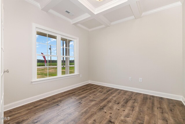 1000 Peedin Rd, Selma, NC 27576 - spare room with coffered ceiling, beam ceiling, crown molding, and dark wood finished floors