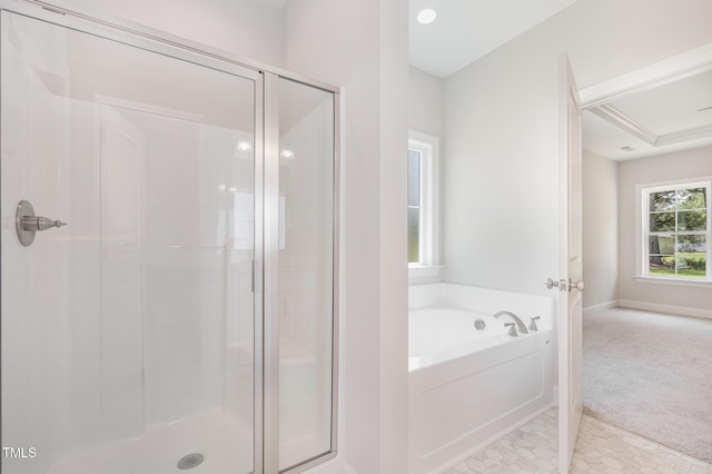 1000 Peedin Rd, Selma, NC 27576 - bathroom with a stall shower, a garden tub, and tile patterned flooring